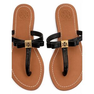 Tory Burch Black Patent Leather Bow Thong Sandals with Gold Logo